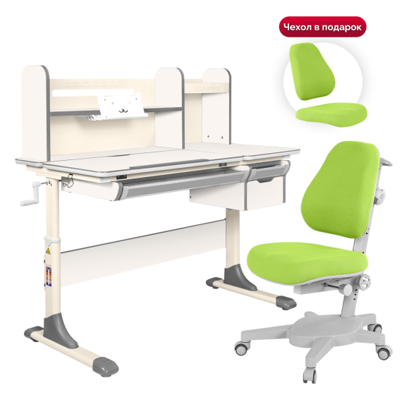 Комплект Anatomica Genius парта + кресло + надстройка + выдвижной ящик + подставка для книг белый/серый с зеленым креслом Armata